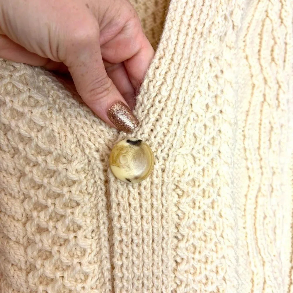 Vintage Handmade Wool Sweater Womens Large Cream Cable Knit Cardigan V-Neck